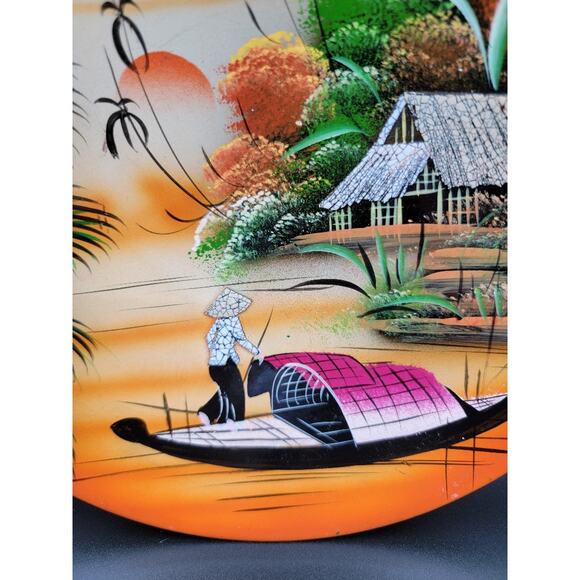 Vietnamese Lacquerware Plate Wall Art Hanging Colorful 8" Orange Green - Picture 2 of 6